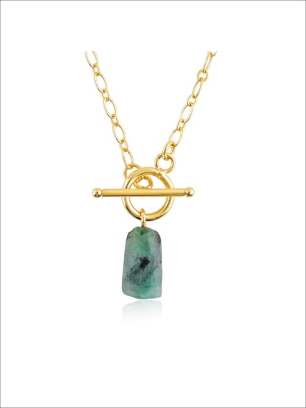 Raw Emerald Pendant Necklace 18K Gold Plated Toggle Lock Natural Healing Stone